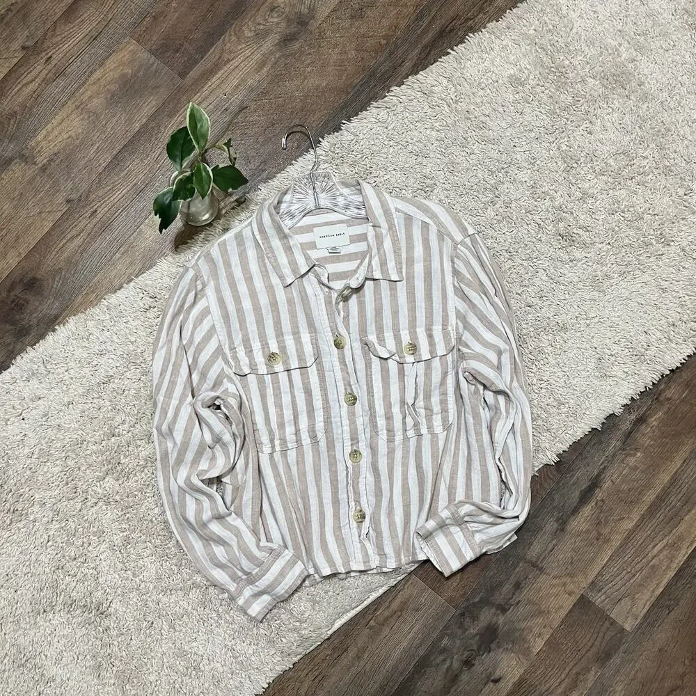 American Eagle Outfitters Beige and White Striped Button-Down Shirt